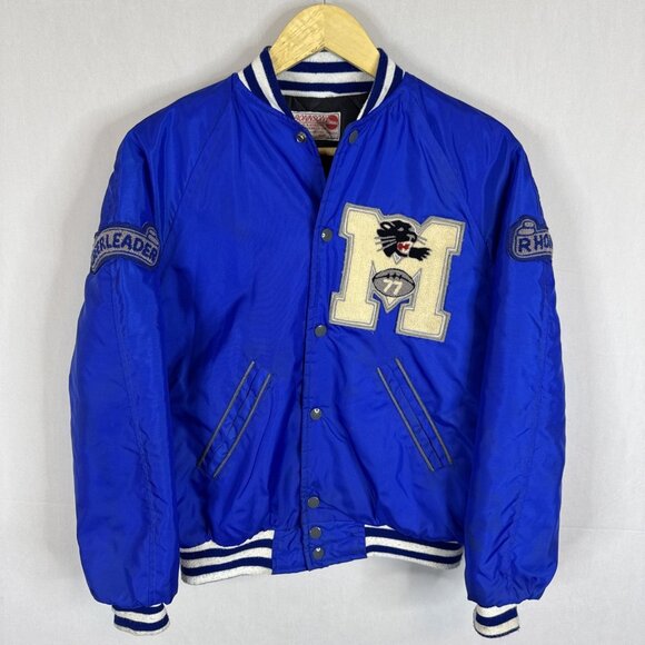 Vintage Women’s 34 Varsity Tiger Bomber Jacket Blue Satin Preppy Cheerleader 70s - Picture 1 of 7